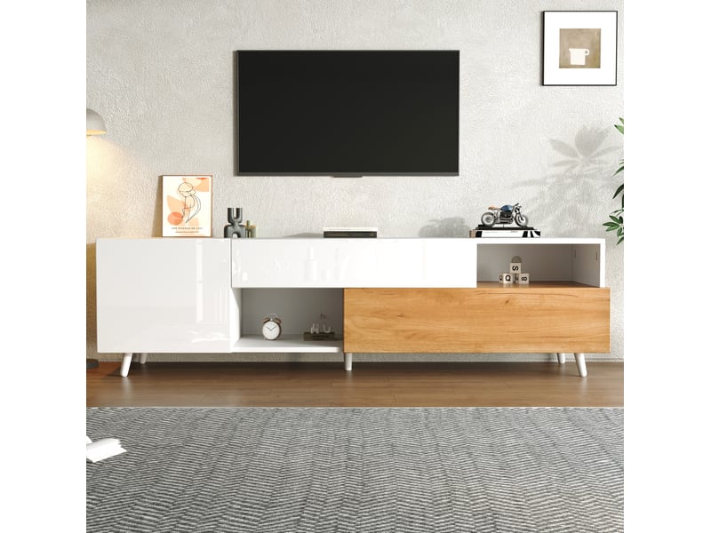  Meuble tv 180x38x50 cm – blanc et bois naturel – rangements intégrés pour écran jusqu'à 75 pouces  - Conforama B