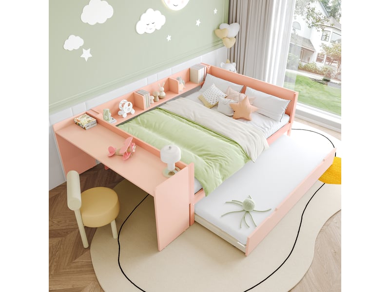  Lit 2 personnes en bois 140 x 200 cm avec bureau, lit enfant avec lit gigogne, lit double avec étagères, pin + panneaux, rose  - Conforama C