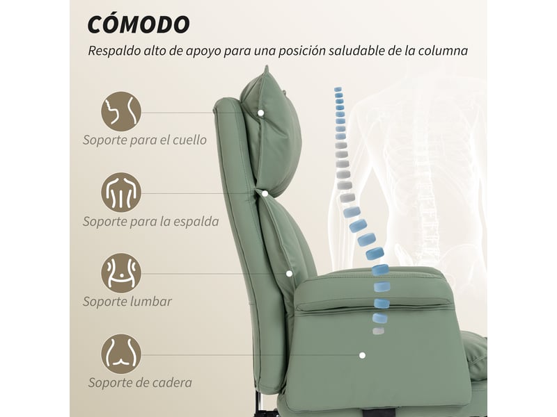  Chaise de bureau avec repose-pieds, dossier inclinable haut, rembourrage épais, revêtement en similicuir, roulettes, verte  - Conforama E