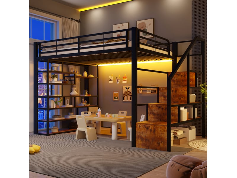  Lit mezzanine enfant 140x200 cm avec rangements et led noir  - Conforama B