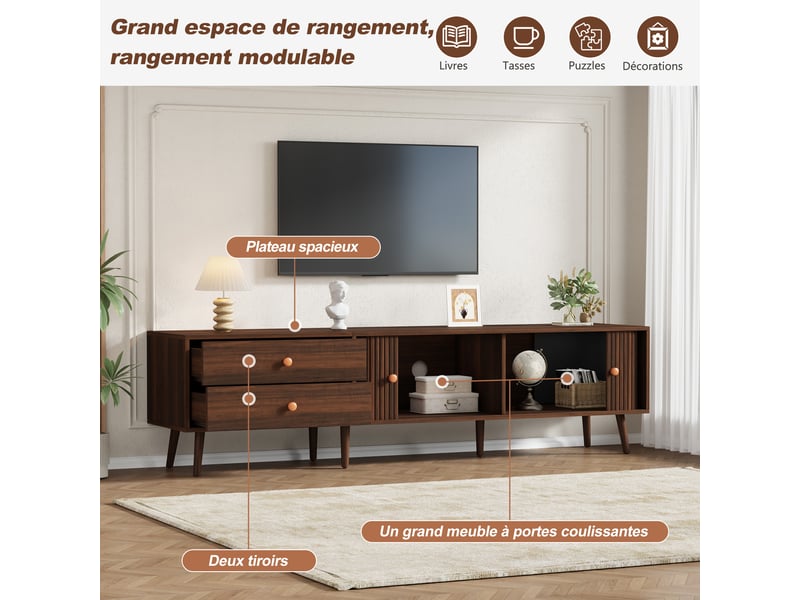 Meuble tv de salon, 180x40x46,5 cm, armoire tv avec 2 portes, 2 tiroirs, meuble de rangement, meuble tv moderne, couleur noyer - Conforama B