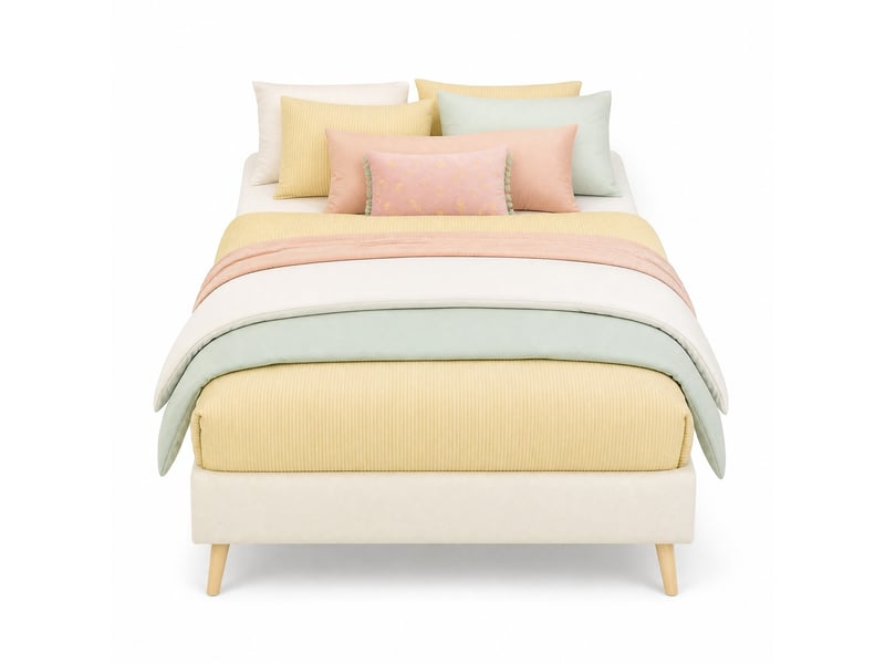  Cadre de lit enfant 90x200 cm beige en tissu avec pieds coloris bois naturel  - Conforama A