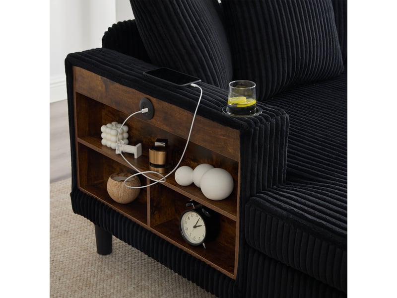  Canapé convertible en velours côtelé noir avec led, port usb et coffre de rangement intégré 129x170 cm  - Conforama W