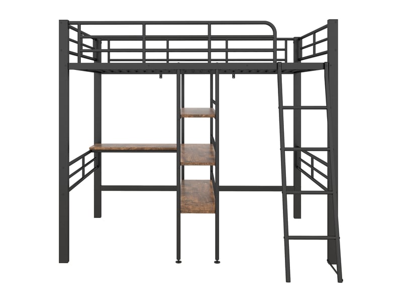  Lit mezzanine 90x200 cm noir avec bureau, étagères, garde-corps et échelle  - Conforama A
