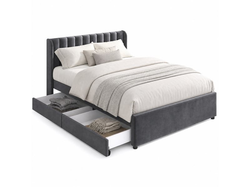  Lit double 180 x 200 cm en velours gris avec sommier, tête de lit et 2 tiroirs  - Conforama A