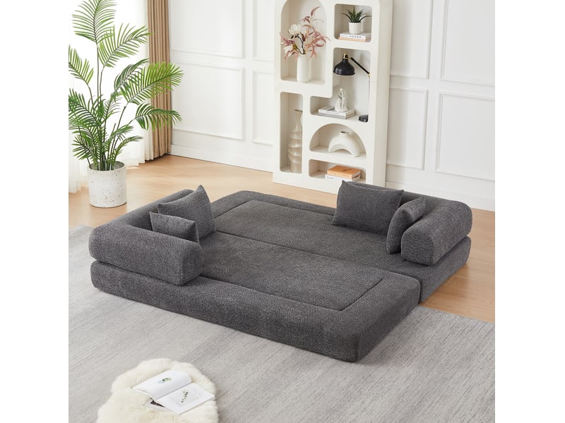 Canapé convertible modulaire 2 places à dossier réglable, 4 configurations avec 4 coussins en chenille gris - Conforama D