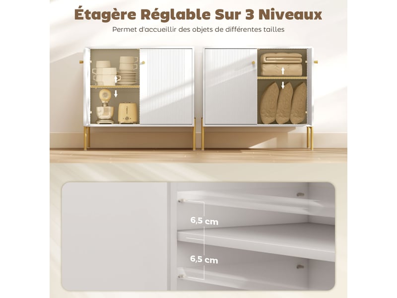  Buffet salon, meuble de rangement avec double porte cannelée, étagère réglable, pieds en acier, 80 x 39,1 x 76 cm, blanc  - Conforama D