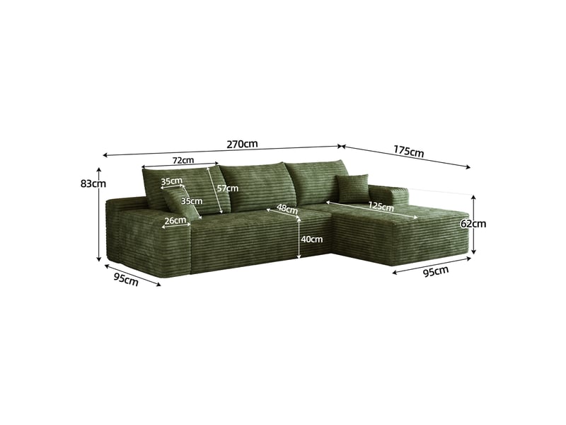  270 cm canapé modulable sans ossature avec chaise longue l, moderne, assise profonde, sans assemblage, pour salon et chambre, vert  - Conforama E