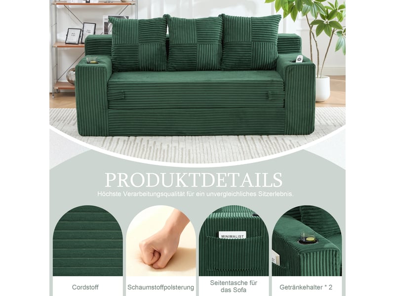 Canapé modulable 2 places velours côtelé vert émeraude design contemporain avec rangement latéral et porte-gobelets intégrés - Conforama D