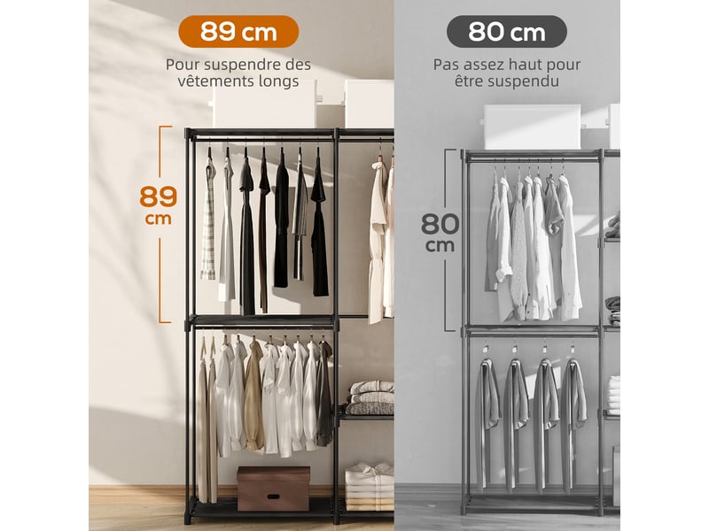  Armoire de rangement, penderie portable avec 2 barres de suspension et 6 étagères, 111 x 43 x 185 cm, noir  - Conforama E