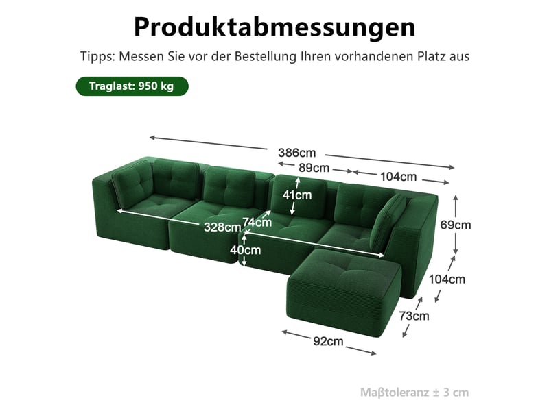Canapé d’angle modulable 4 places velours côtelé vert – 386 x 177 x 69 cm Fay Lum - Conforama C