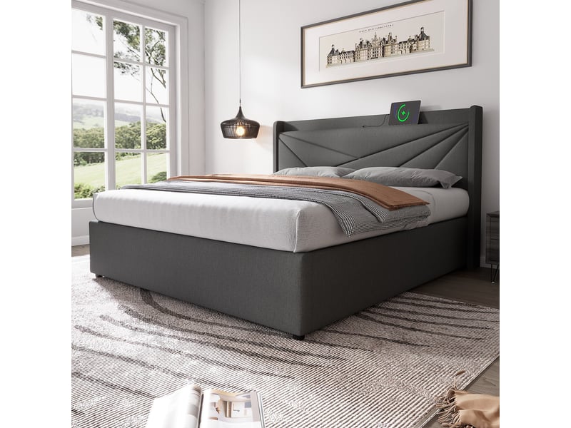 Lit avec rangement 180x200 cm, ports usb et usb-c, sommier à lattes, structure en tissu coton-lin, pour chambre enfant - gris - Conforama E
