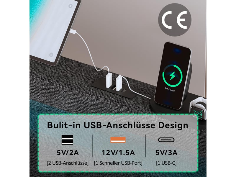  Lit coffre 180x200 cm avec led app, usb-c, rangement hydraulique, lin gris, avec matelas  - Conforama E