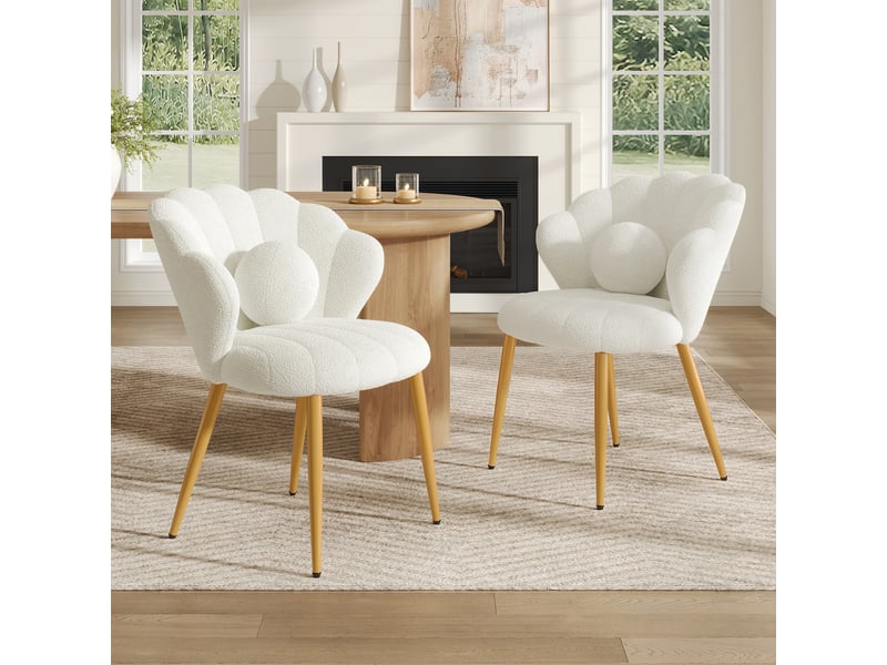  Lot de 2 fauteuils 60x62.5x83 cm tissu bouclé assise rembourrée dossier coquillage pieds en métal moderne blanc OPULERANE TRADING LTD - Conforama C
