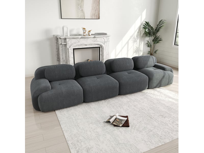  Canapé modulaire 4 places avec assise 32d et accoudoirs arrondis, sans montage, en velours côtelé gris  - Conforama C
