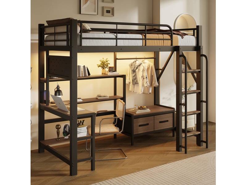  Lit mezzanine 90x200 cm, avec bureau, tiroirs en tissu, avec éclairage led, usb, espaces de rangement, cadre métal mdf noir sans matelas  - Conforama B