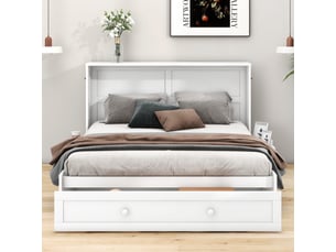 Lit combiné 140x200 cm blanc avec tiroirs et étagère latérale modulable pour un rangement pratique.