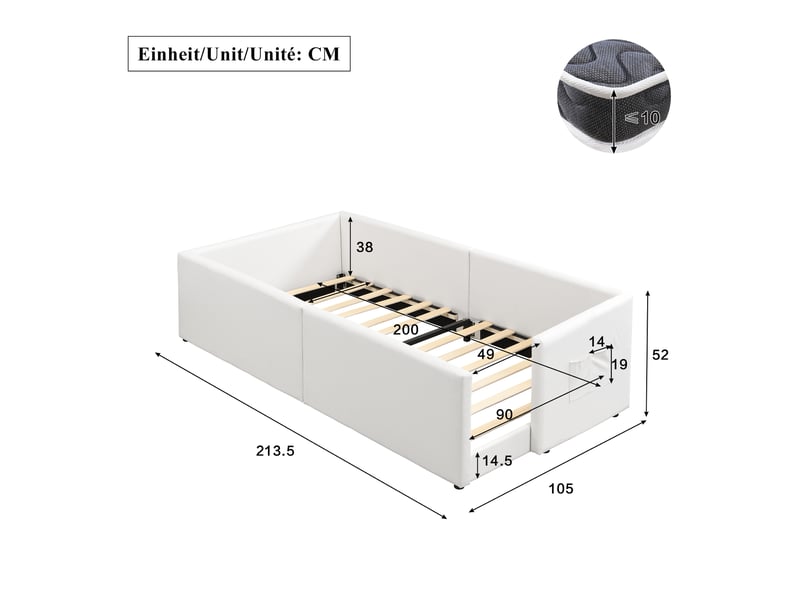  Lit pour enfant rembourré 90x200 cm - avec 2 sacs de rangement - style minimaliste moderne - pu + contreplaqué - blanc (sans matelas)  - Conforama C