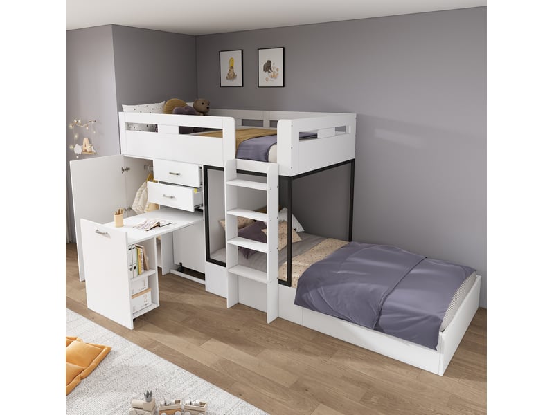  Lit superposé, 90x200 cm, mobilier enfant, avec bureau escamotable, garde robe, matelas non inclus, mdf, coloris blanc  - Conforama B