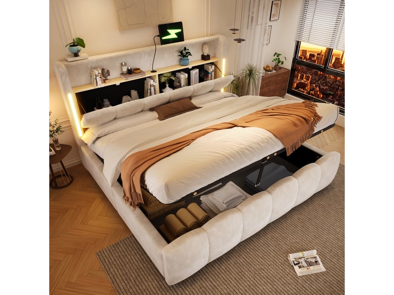 Lit capitonné, 180 x 200 cm, éclairage led, tête de lit avec compartiment de rangement, sans matelas, sommier coffre hydraulique, ports usb et type-c, velours, beige - Conforama B