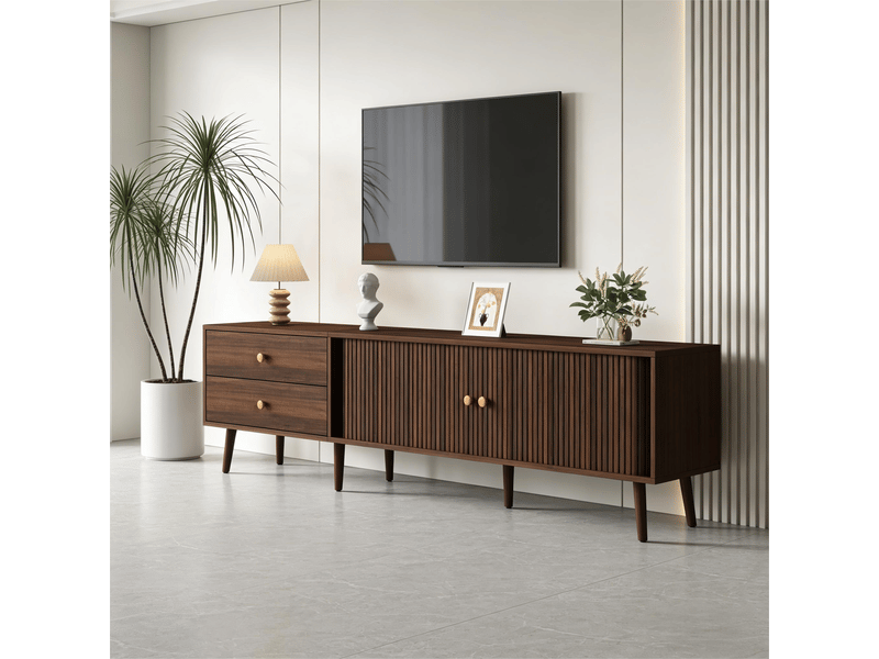  Meuble tv 180 cm noyer avec portes coulissantes et tiroirs pour écrans jusqu'à 80 pouces  - Conforama D