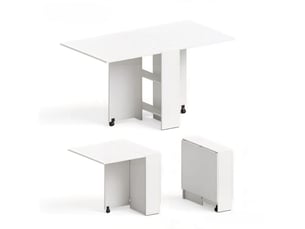 Table de salle à manger pliante à roulettes 75 x 140 cm, blanche, avec étagères