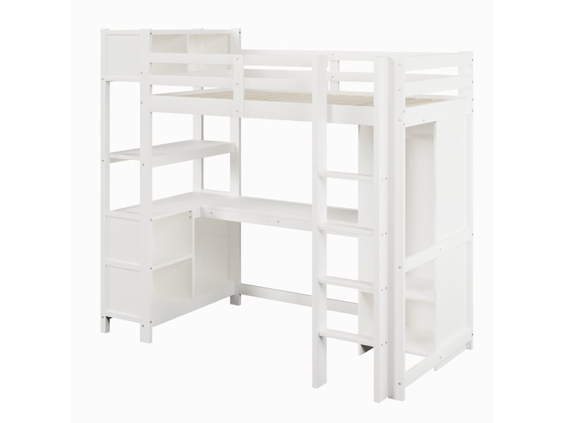  Lit mezzanine blanc 90x200cm avec rangement, armoire, bureau et étagères, gain de place, durable - bois massif - pour enfant ado  - Conforama D
