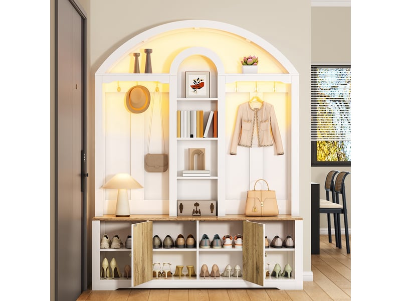  Vestiaire d'entrée, meuble de rangement avec porte-manteau et étagère à chaussures, mdf style scandinave 150x40x195 cm avec ruban led, blanc et bois  - Conforama W