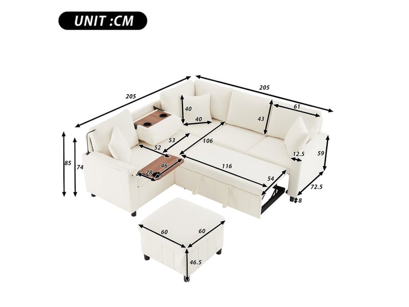 Canapé d'angle convertible tcqpz en chenille beige 205 x 205 x 85 cm avec fonction lit, usb type-c, lampe de lecture et table intégrée - Conforama C