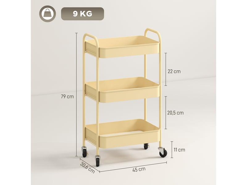  Desserte chariot de rangement à roulettes 3 niveaux en acier jaune 45 x 30,6 x 79 cm  - Conforama C