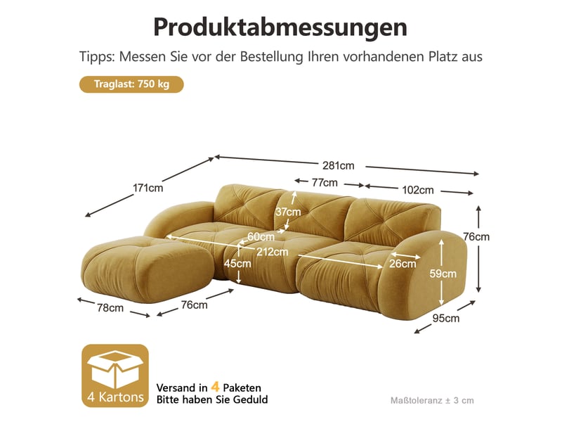  Canapé modulable 3 places jaune en tissu avec pouf, sans montage, format bas pour votre salon au quotidien  - Conforama C
