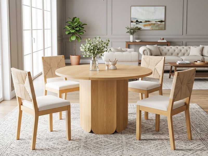  Ensemble table ronde 120 cm + 4 chaises de salle à manger, style scandinave &amp; mid-century, rotin cannage, assise lin beige  - Conforama B
