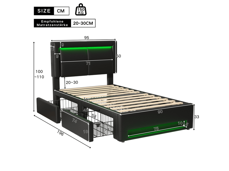 Lit rembourré 90 x 190 cm avec 4 tiroirs, éclairage led, ports usb et recharge sans fil, revêtement pu noir Fay Lum - Conforama C