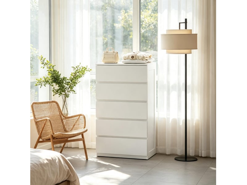  Commode moderne 60x39x100 cm avec 5 tiroirs, panneau de particules, finition lisse et brillante, blanc  - Conforama D