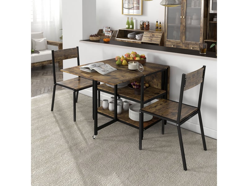 Table de salle à manger pour 2 à 6 personnes pliante avec 2 étagères et roulettes en acier marron pour cuisine - Conforama C