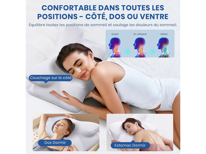 Oreiller ergonomique cervical, oreiller memoire forme, 60 x 34 x 1013cm,cervicales pour les dormeurs sur le côté, le dos et le ventre - Conforama E