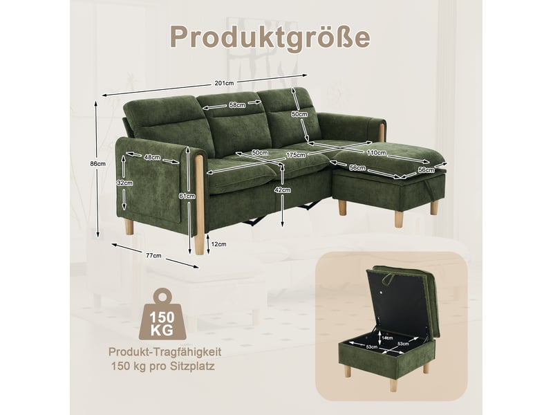 Canapé d'angle fixe 3 places en tissu vert avec méridienne réversible et rangement, idéal pour petits espaces - Conforama C