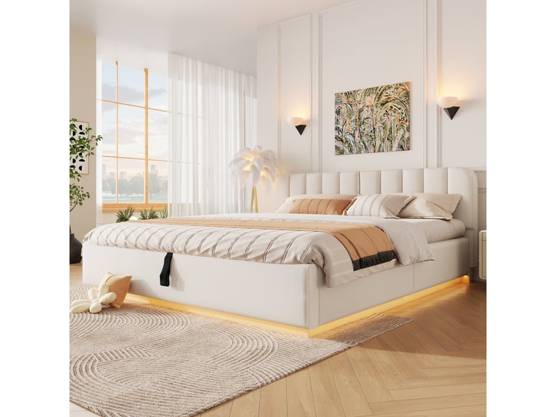  Lit coffre rembourrée 180x200 cm lit double avec rangement hydraulique, led, sommier à lattes, chenille beige evarich - Conforama E