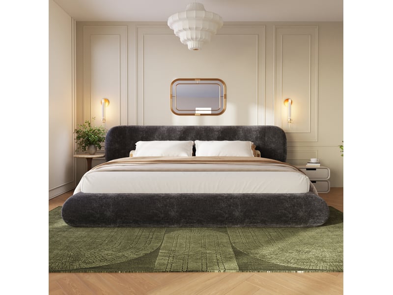  Lit rembourré 160 × 200 cm 2 places avec tête de lit et sommier, sans matelas, en chenille gris à bords arrondis  - Conforama C