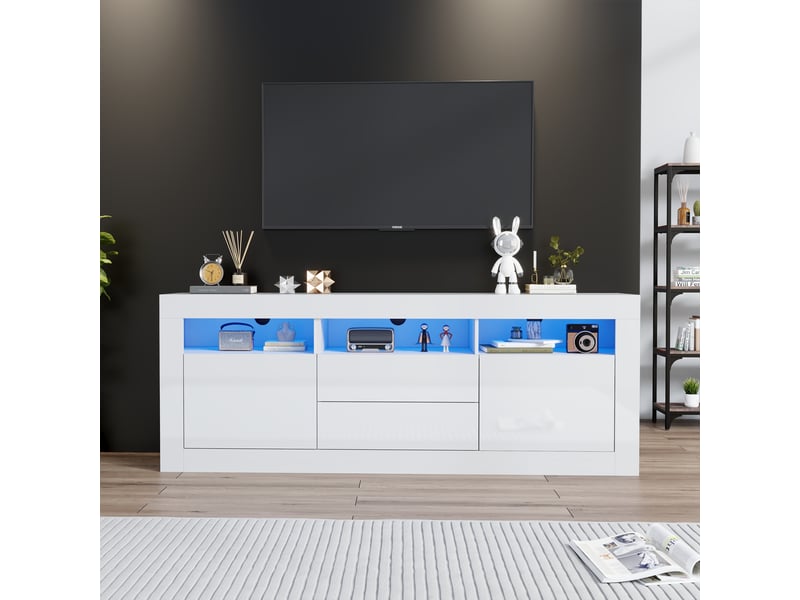  Meuble tv 160 cm blanc brillant avec éclairage led app, 4 rangements push to open, pour tv 70 pouces  - Conforama B