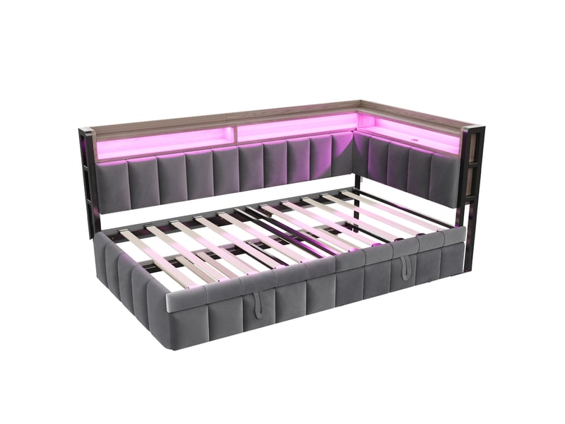  Lit banquette 90x200 cm – gris foncé – lit gigogne led, rangements et ports usbtype-c – sans matelas  - Conforama E