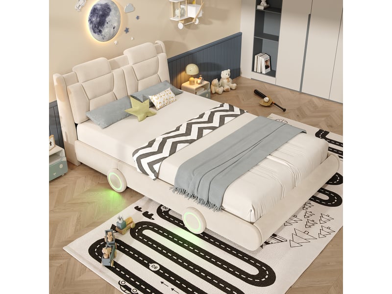  Lit rembourré pour enfants 140x200cm - lit en forme de voiture de course - hauteur de tête de lit réglable - avec éclairage led - tissu velours - beige (sans matelas)  - Conforama E