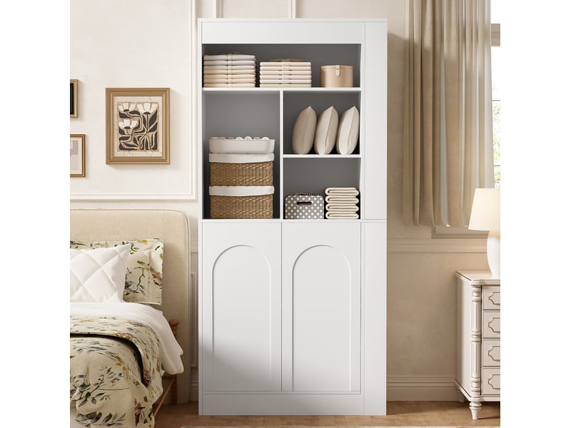  Meuble de rangement avec 2 portes, étagères ouvertes et tablettes réglables pour salon blanc 85 × 35 × 180 cm  - Conforama B