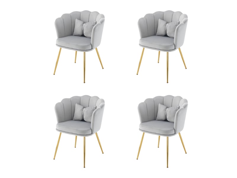  Lot de 4 chaises de salon en velours avec dossier pétale, coussin et pieds métalliques dorés, gris  - Conforama A