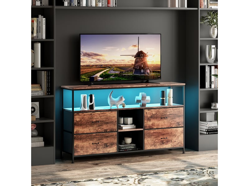  Meuble tv haut 108x29,8x76,8cm avec rangement, motif bois, 4 tiroirs, led, buffet de salon, bois et fer, naturel  - Conforama B