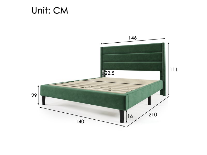  Lit double rembourré 140x200 cm, sommier a lattes et tête de lit, lit enfant rembourré, lit adulte, revêtement textile en lin, vert  - Conforama C