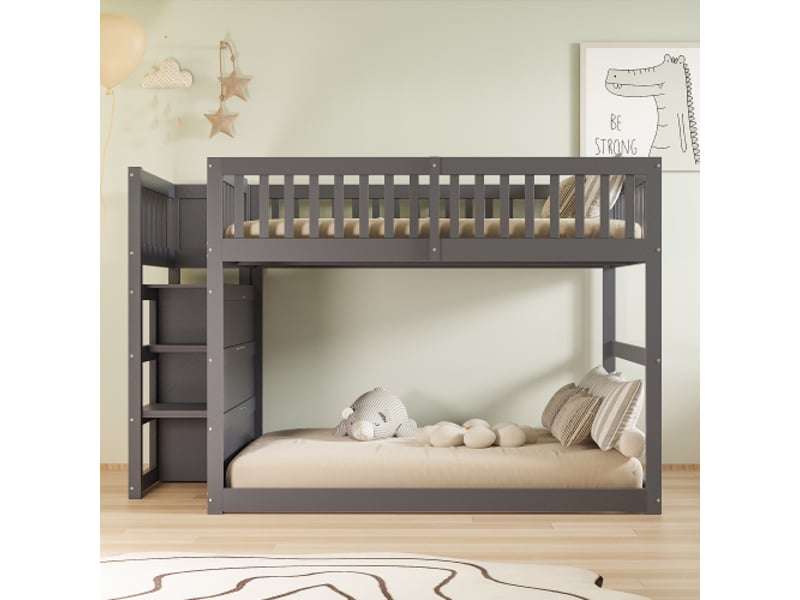  Lit enfant 140x200cm,lit superposé bas en bois massif avec 4 tiroirs,escalier et garde-corps,gris lit enfant gris - Conforama B