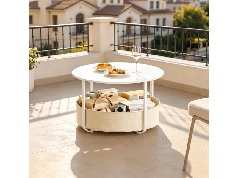  Table basse ronde avec panier de rangement, plateau facile à nettoyer, pour salon, ø 80 × 50 cm, en métal et toile, beige  - Conforama B
