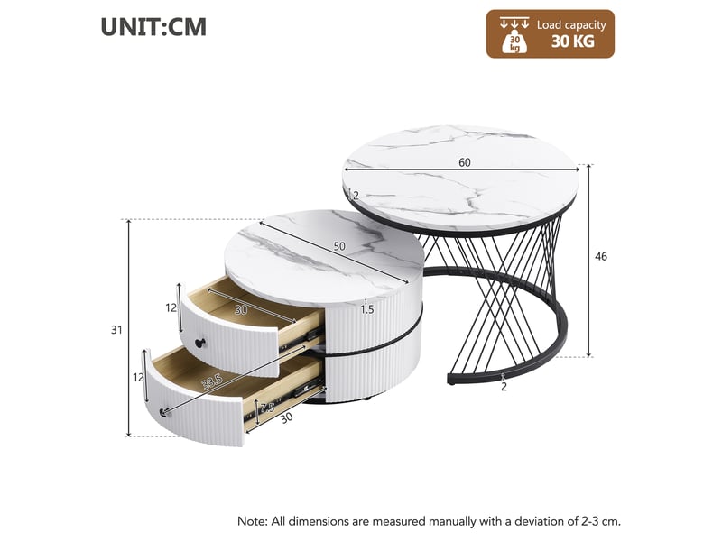  Lot de 2 tables basses rondes 60x60x46+50x50x31 cm, tables de salon, motif marbre, avec 2 tiroirs, mdf, blanc et noir  - Conforama C