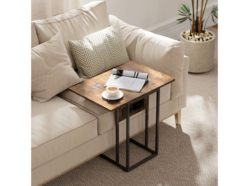 Table d'appoint bout de canapé avec station de charge, plateau pliable, brun rustique et noir, 39 x 29 x 57 cm - Conforama W
